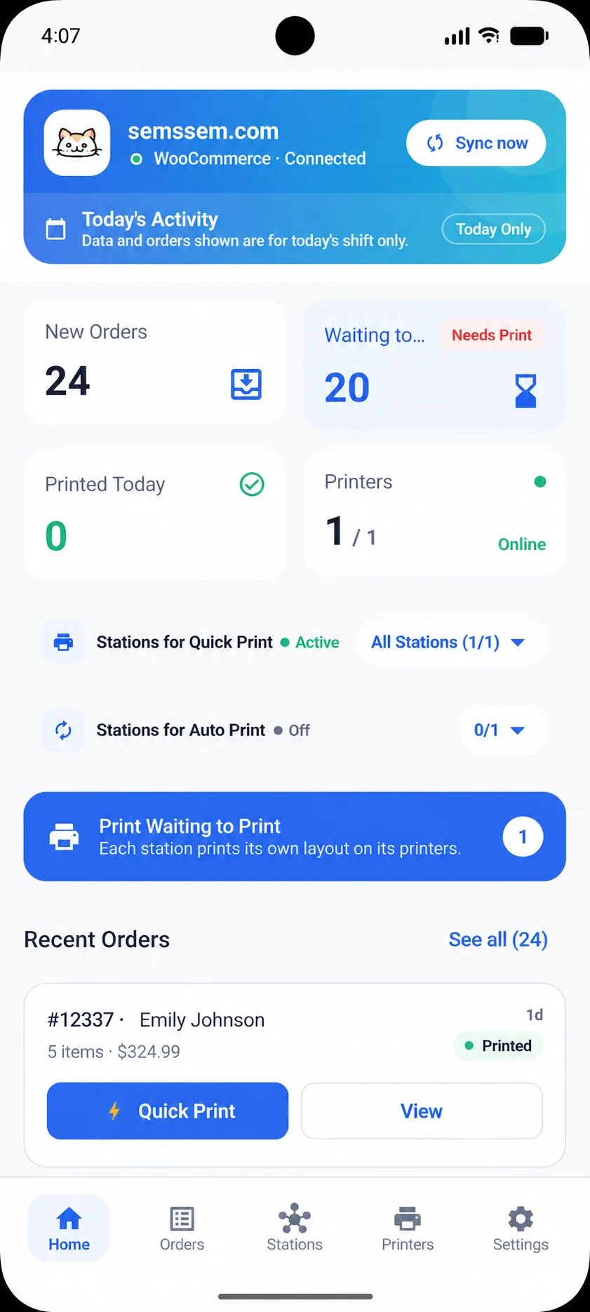 Complete WinnyPlus Print home screen showing connected store, order activity, printer status, stations, and recent orders