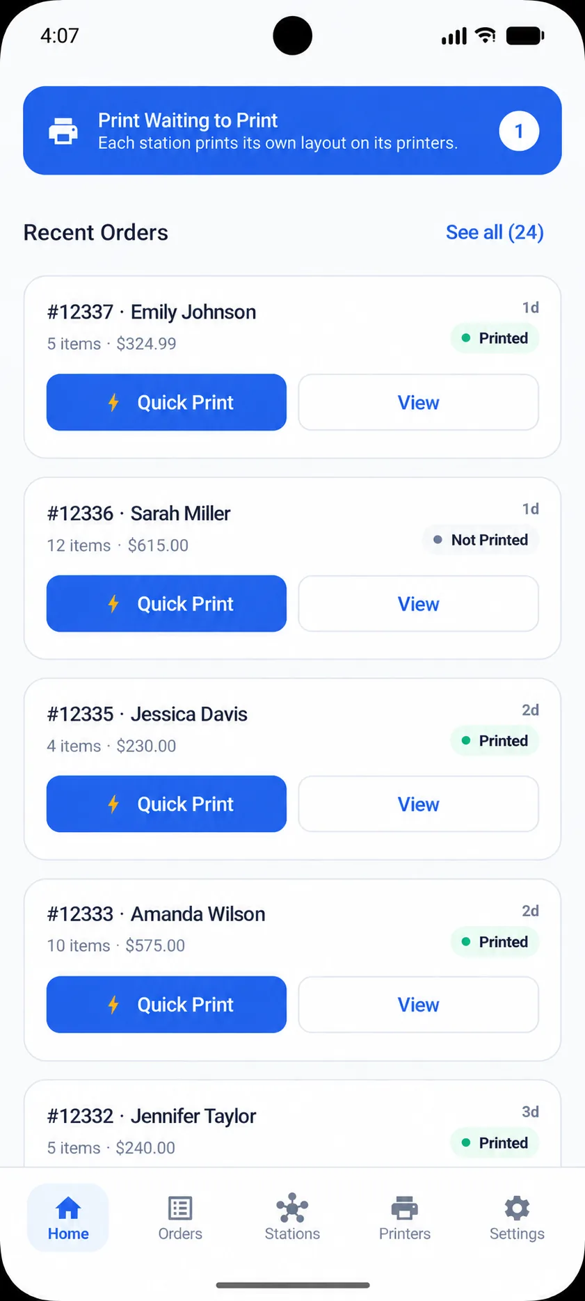 Full WinnyPlus Print orders screen showing recent orders and quick print actions